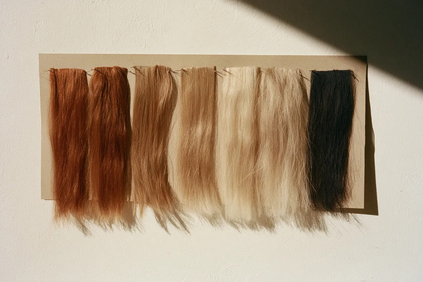 Haarfarb-Strähnen auf einer Kraftpapierkarte, von kupferrot über honigblond bis hellblond