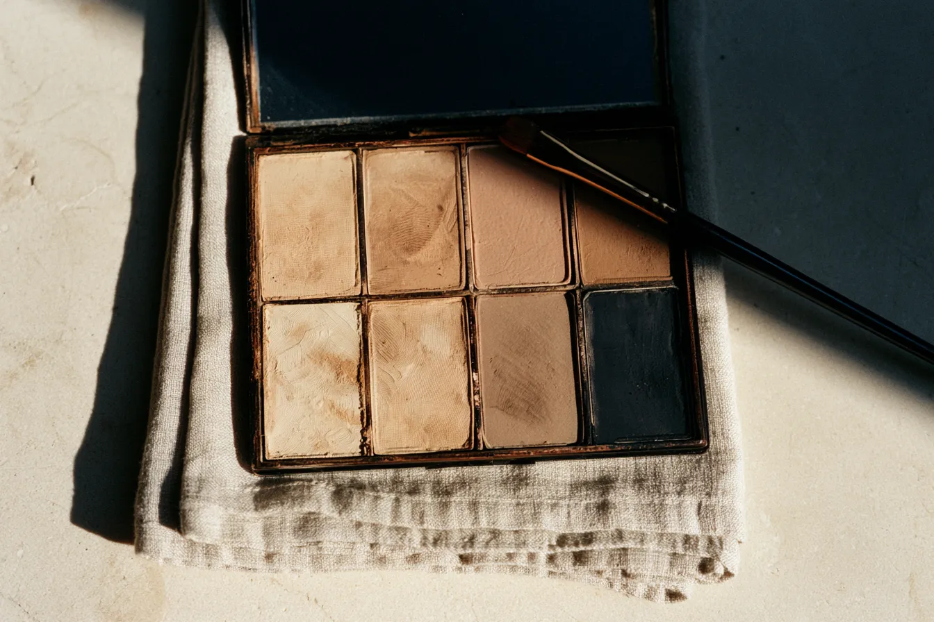Aufgeklappte Make-up-Palette mit sand- und taupefarbenen Tönen auf einem Leinentuch, daneben ein feiner Pinsel