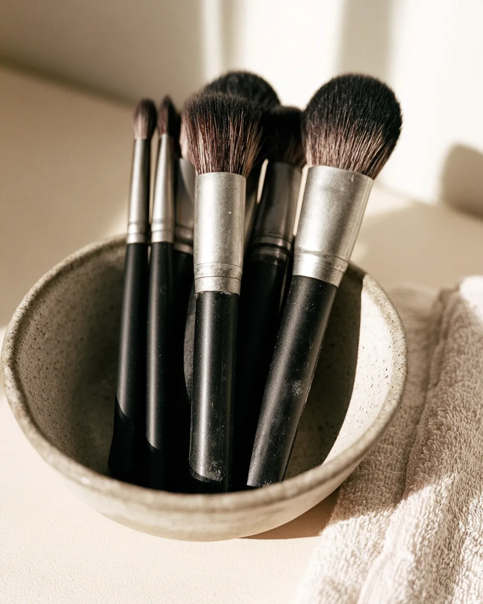 Professionelle Make-up-Pinsel mit schwarzen Griffen in einer Keramikschale